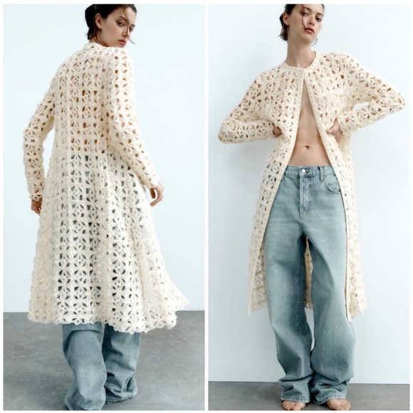 ZARA Crochet Open Knit Cardigan Coat - Picture 2 of 12